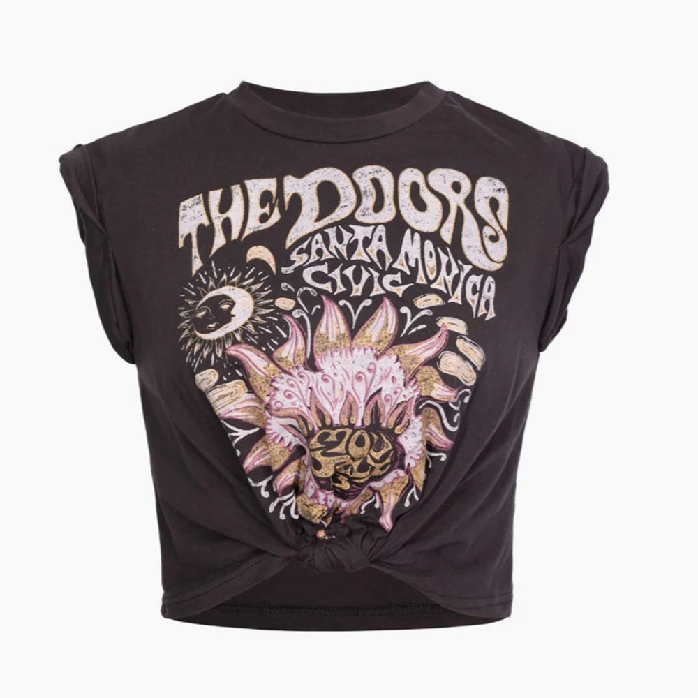 Micas Flower Print Hem Knotted Short Sleeve T-Shirt, NWT MED, “The Doors”